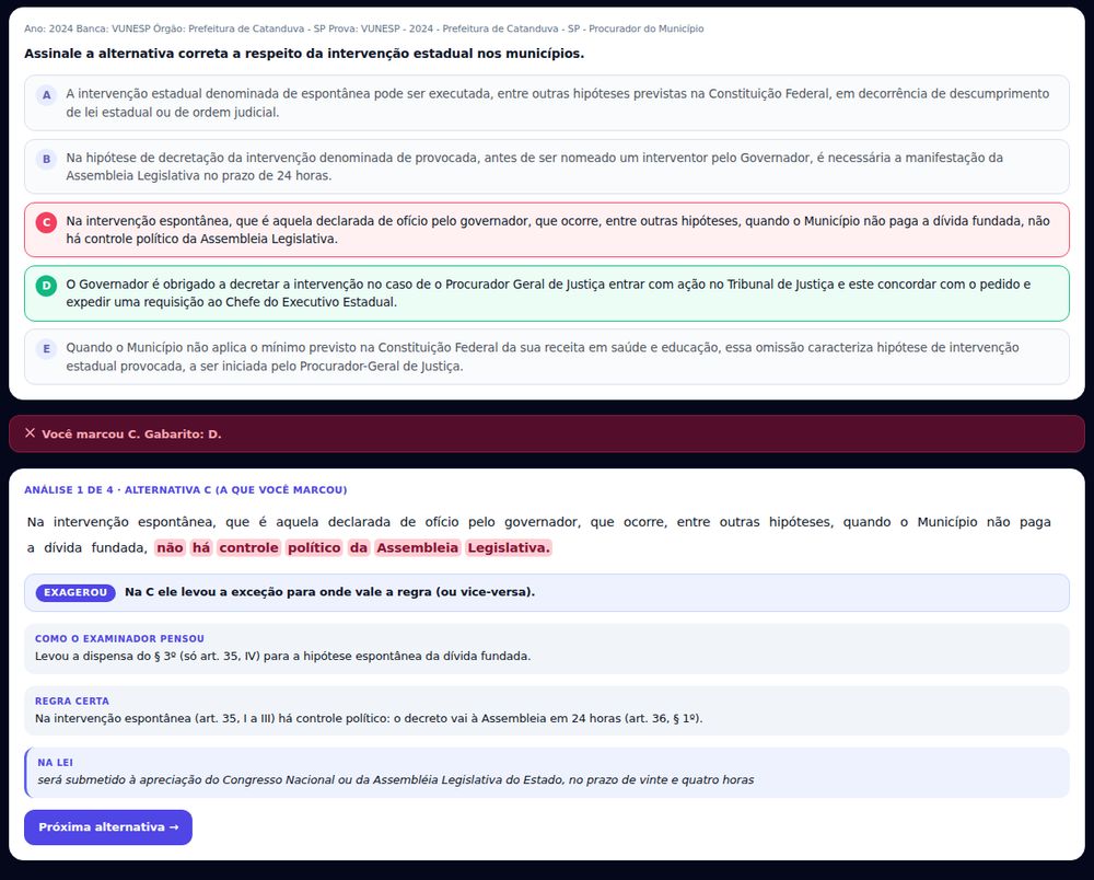 Tela do MemorizeTest mostrando a análise de uma alternativa: como o examinador pensou, regra certa e trecho da lei